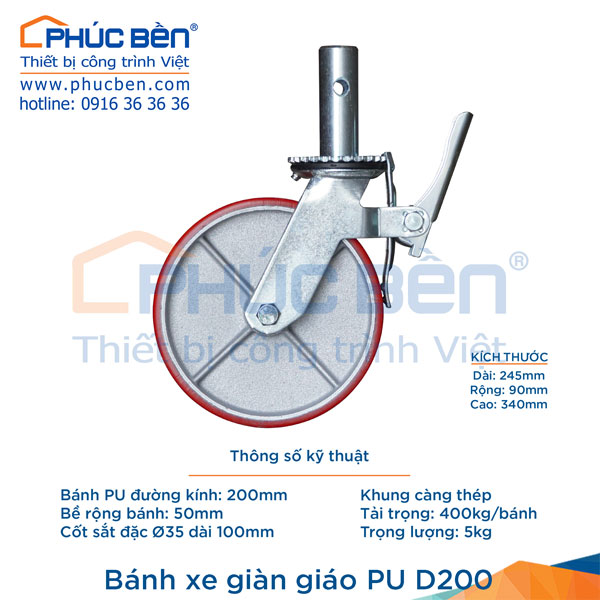 Bánh xe giàn giáo PU D200 tải trọng 400kg